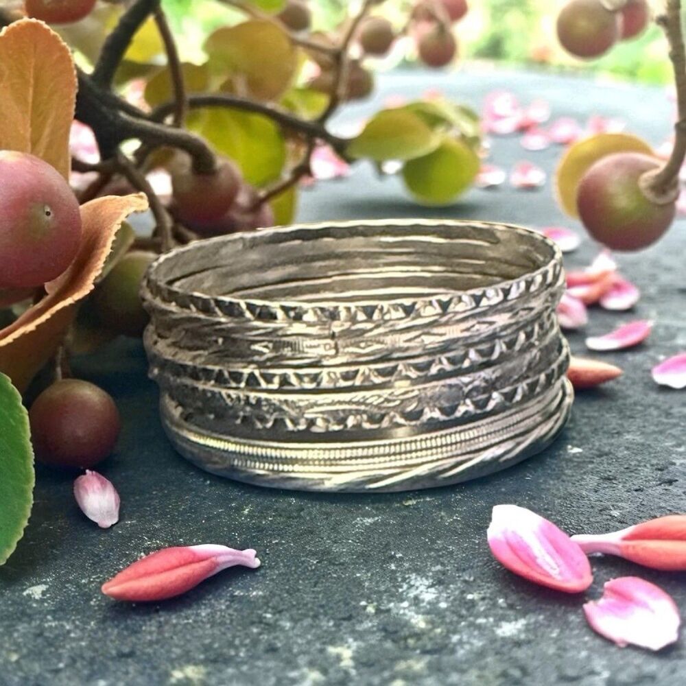 Silver Tone Bangle Bohemian Stacking Bracelets - 9 Piece Set - 8 Inches